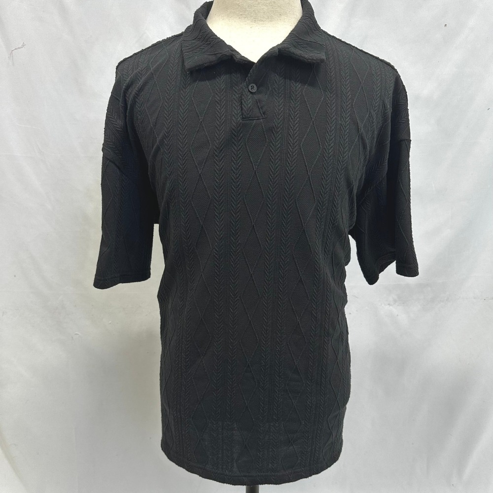 Manfinity Men's Sz XL Polo Shirt Black Textured Chevron Short Sleeve Eclectic‎